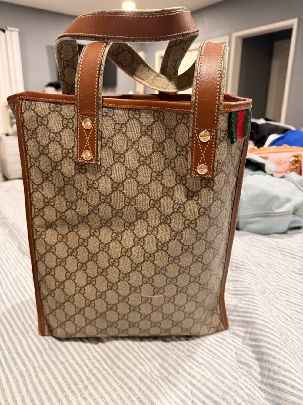 Gucci Beige/Brown Monogram Tote with Green-Red Web
